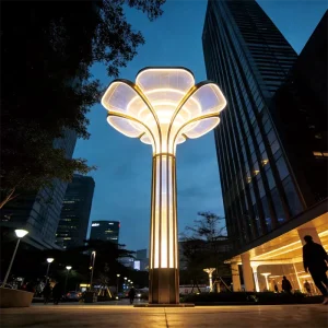 Inspired by the elegance of blooming petals, the Luminous Lotus Sculpture Light is a statement piece that blends art, architecture, and functional illumination. Designed for premium urban environments, this outdoor sculpture light enhances city plazas, commercial complexes, pedestrian streets, and residential developments with its warm, inviting glow.