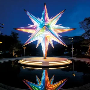 he “Starlume Prism” Multi-Point Light Sculpture is a landmark-grade installation designed to transform outdoor environments with its striking geometric form and vibrant chromatic illumination. Standing 5.2 meters tall with a 4.8-meter star diameter, this large outdoor light sculpture blends artistic expression with architectural lighting technology to create an unforgettable visual centerpiece.