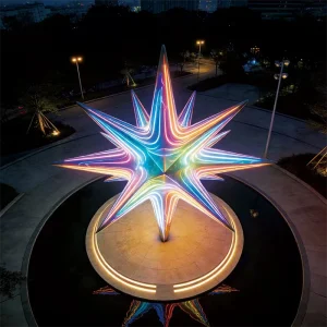 he “Starlume Prism” Multi-Point Light Sculpture is a landmark-grade installation designed to transform outdoor environments with its striking geometric form and vibrant chromatic illumination. Standing 5.2 meters tall with a 4.8-meter star diameter, this large outdoor light sculpture blends artistic expression with architectural lighting technology to create an unforgettable visual centerpiece.