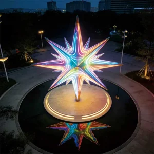 The “Starlume Prism” Multi-Point Light Sculpture is a landmark-grade installation designed to transform outdoor environments with its striking geometric form and vibrant chromatic illumination. Standing 5.2 meters tall with a 4.8-meter star diameter, this large outdoor light sculpture blends artistic expression with architectural lighting technology to create an unforgettable visual centerpiece.