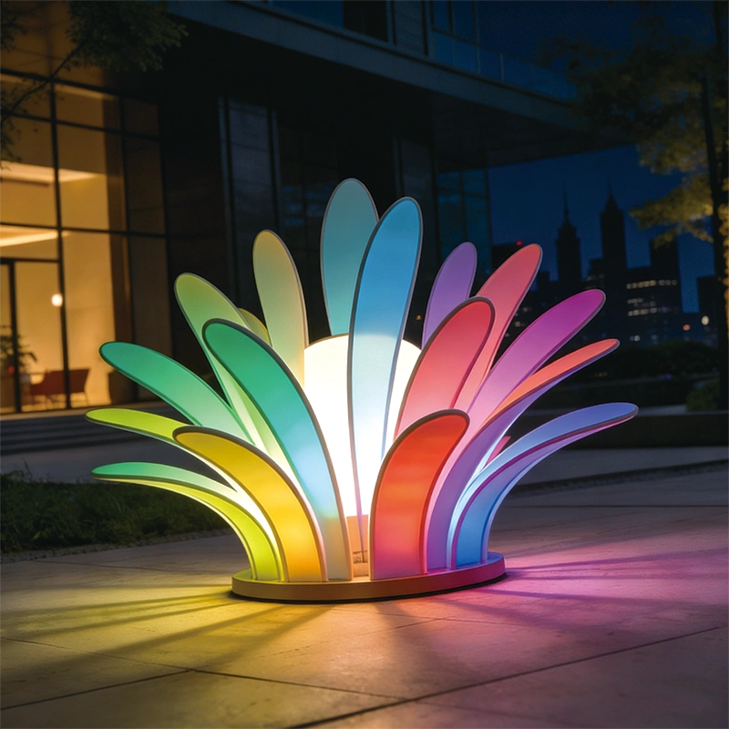 Discover the IrisPlume Sculpture Light. A modern LED landscape sculpture light featuring gradient acrylic petals and IP65 protection. Perfect for commercial streets and urban parks.