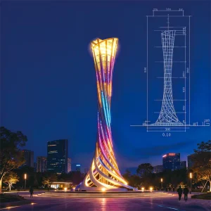 Aurora Bloom Tower is a large-scale Sculpture Light combining architectural form and RGB LED lighting, designed for urban landmarks, public plazas, and city parks.