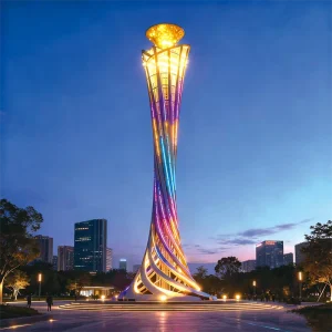 Aurora Bloom Tower is a large-scale Sculpture Light combining architectural form and RGB LED lighting, designed for urban landmarks, public plazas, and city parks.