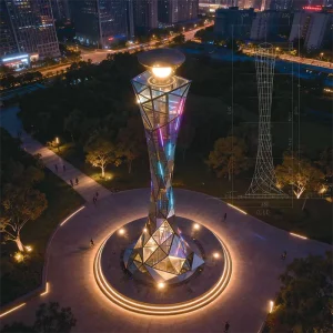 Aurora Bloom Tower is a large-scale Sculpture Light combining architectural form and RGB LED lighting, designed for urban landmarks, public plazas, and city parks.