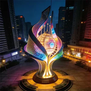 Golden Flame Axis is a 12m large outdoor Scaulture lighting designed for urban landmarks and city plazas. Featuring stainless steel structure, high CRI LED, IP65 waterproof rating, and smart control system, it delivers architectural decorative brilliance day and night.